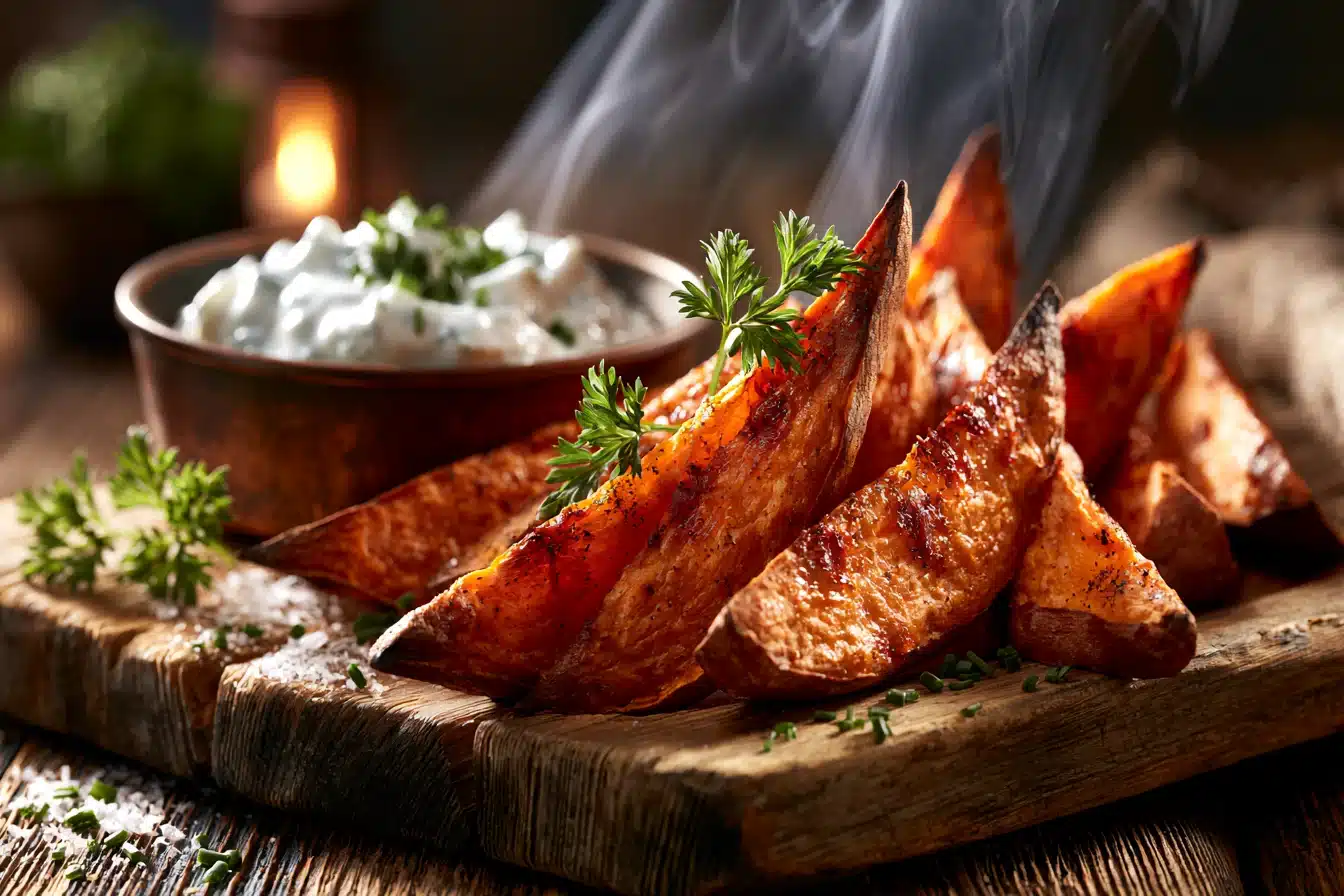 Crispy Baked Sweet Potato Wedges with Dip 3 Crispy Baked Sweet Potato Wedges with Dip