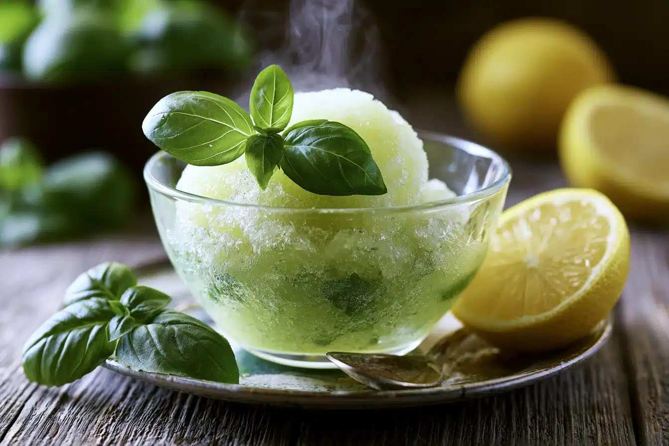 Lemon Basil Sorbet 2 Lemon Basil Sorbet in a glass bowl with fresh basil garnish