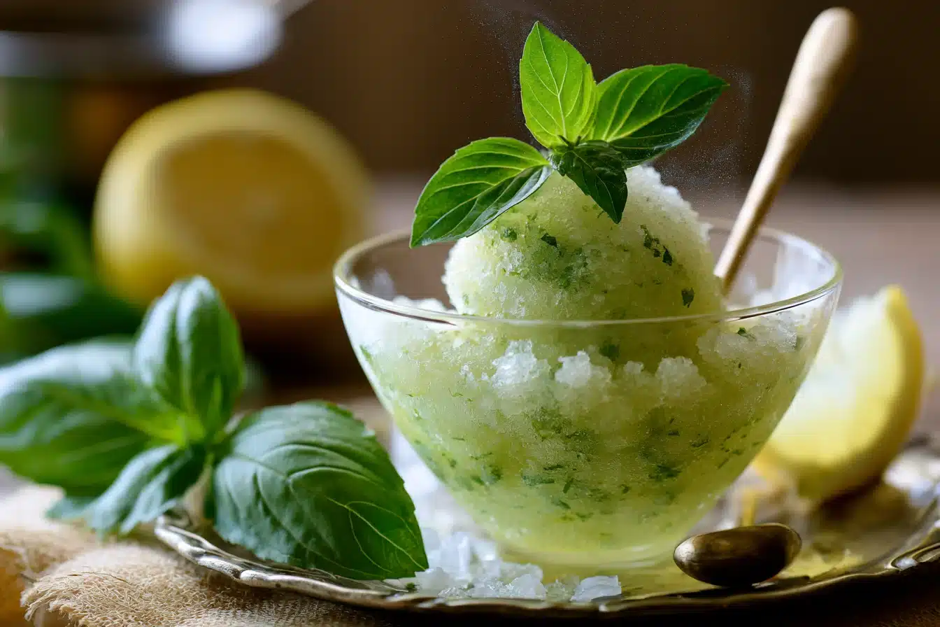 Lemon Basil Sorbet 3 Close-up of lemon and basil being mixed into sorbet base