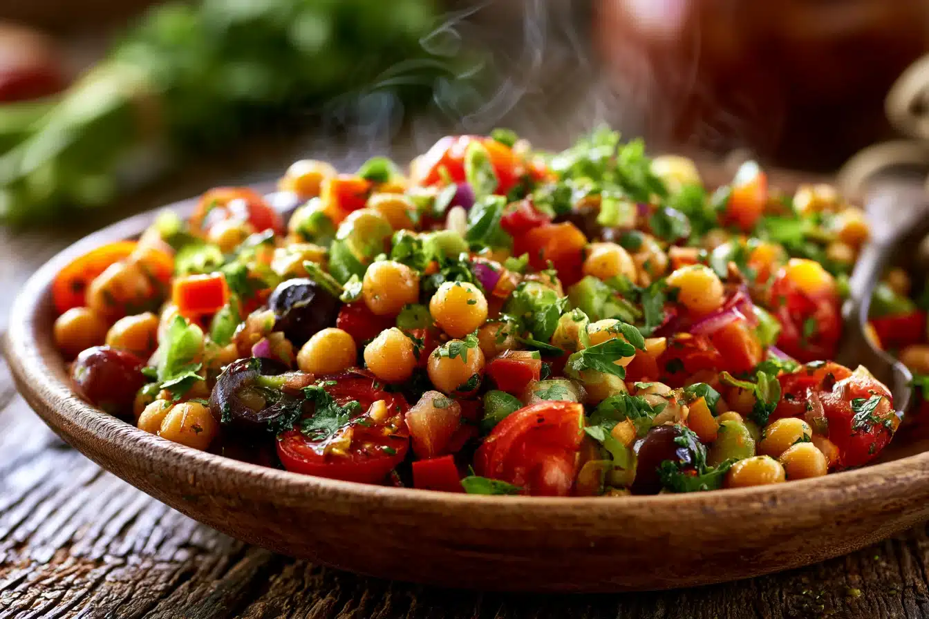 Mediterranean Chickpea Salad 2 Mediterranean Chickpea Salad with colorful vegetables and feta cheese