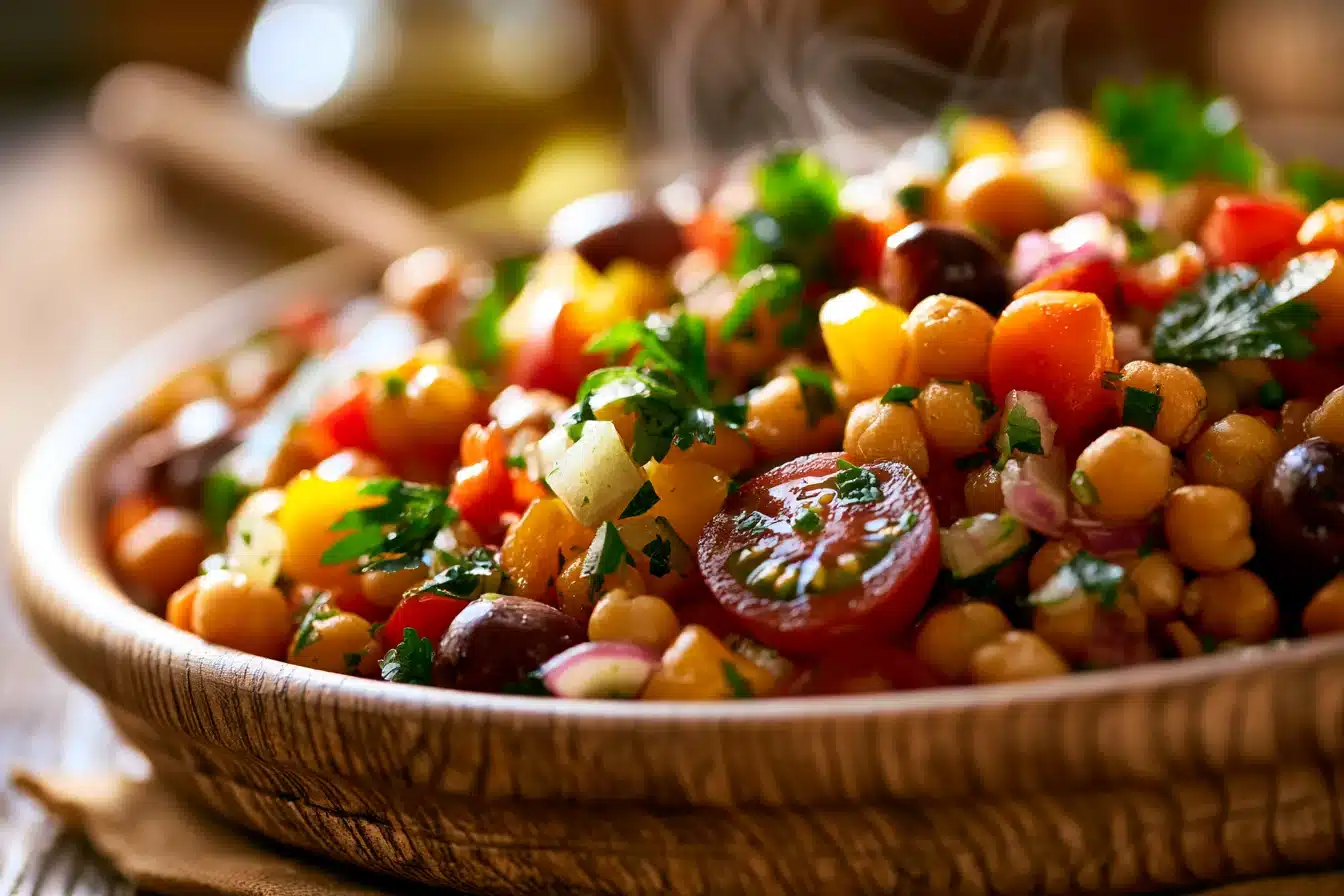 Mediterranean Chickpea Salad 3 Mixing Mediterranean Chickpea Salad ingredients in a bowl