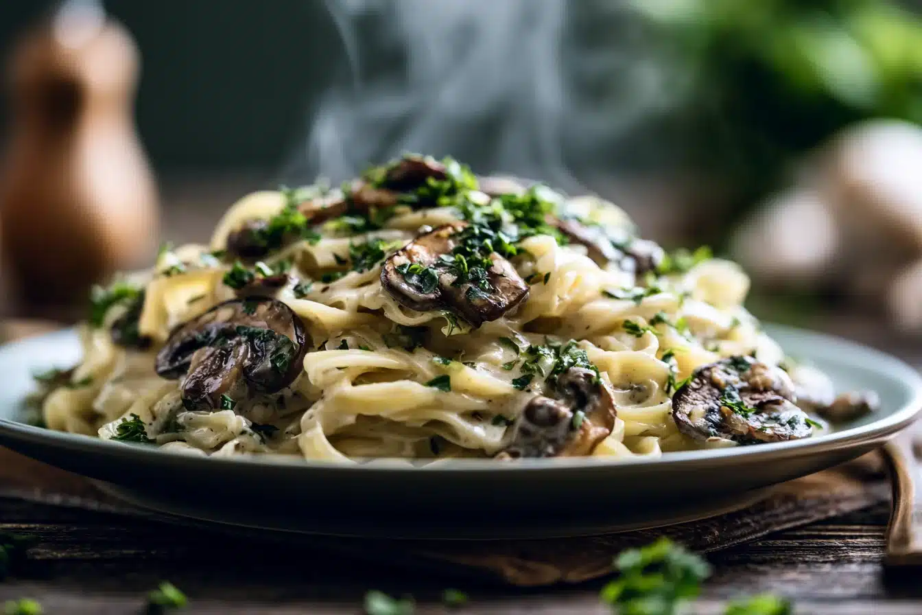 One-Pot Creamy Mushroom Pasta 2 One-Pot Creamy Mushroom Pasta in a white pot with fresh herbs