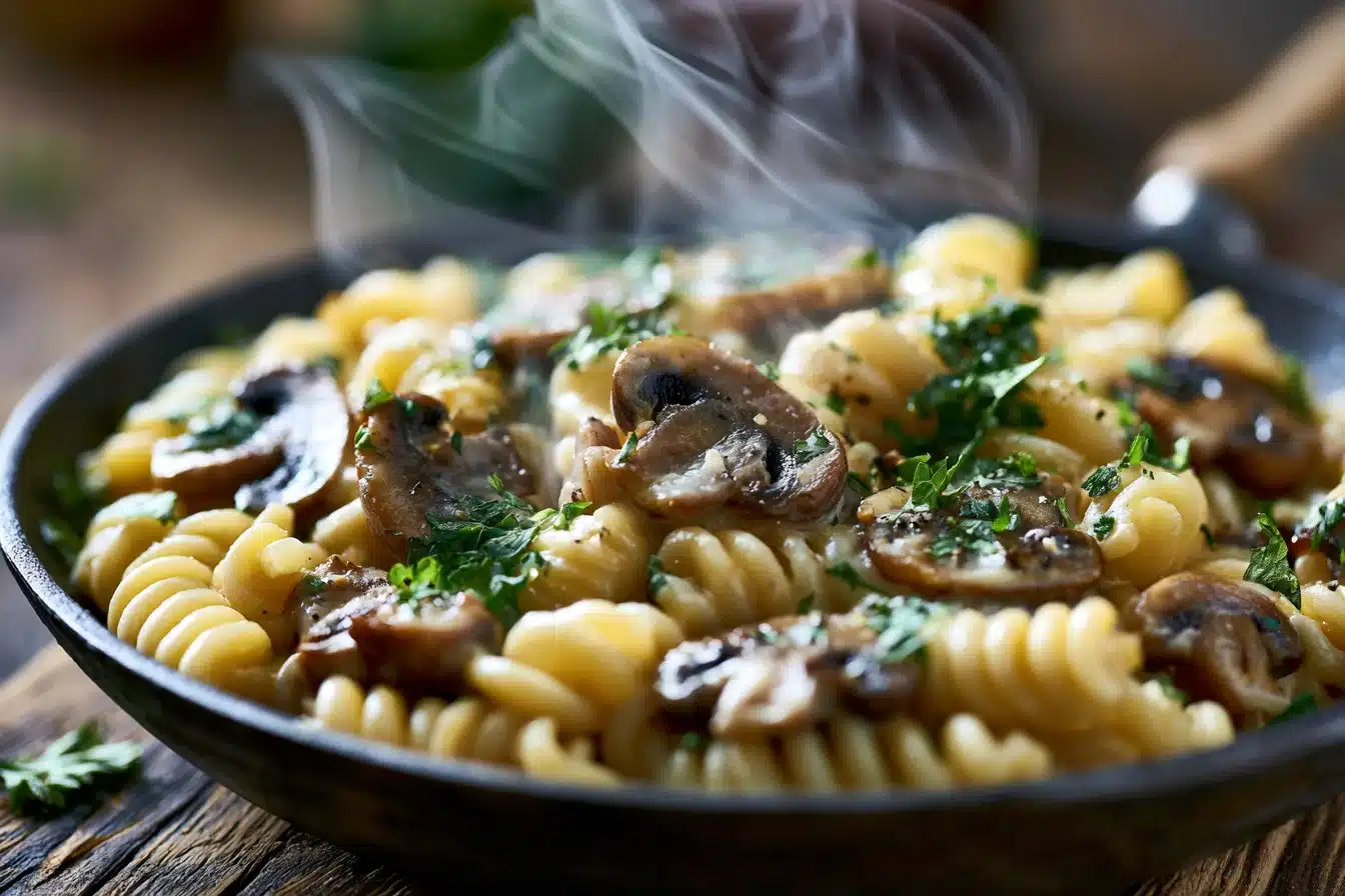 One-Pot Creamy Mushroom Pasta 3 Close-up of simmering One-Pot Creamy Mushroom Pasta with herbs