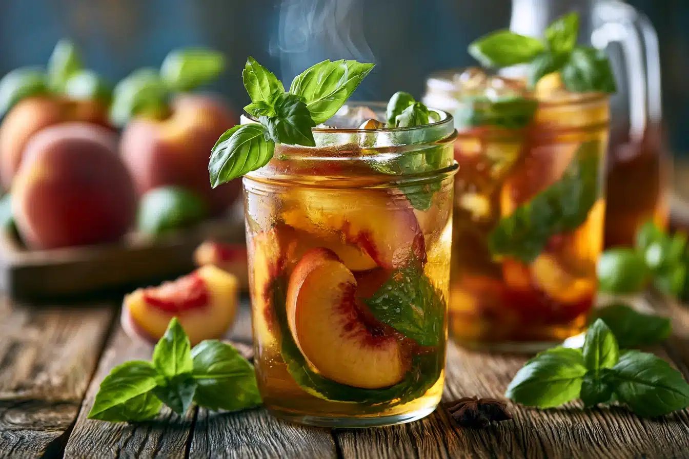 Peach and Basil Infused Iced Tea 3 Peach and Basil Infused Iced Tea