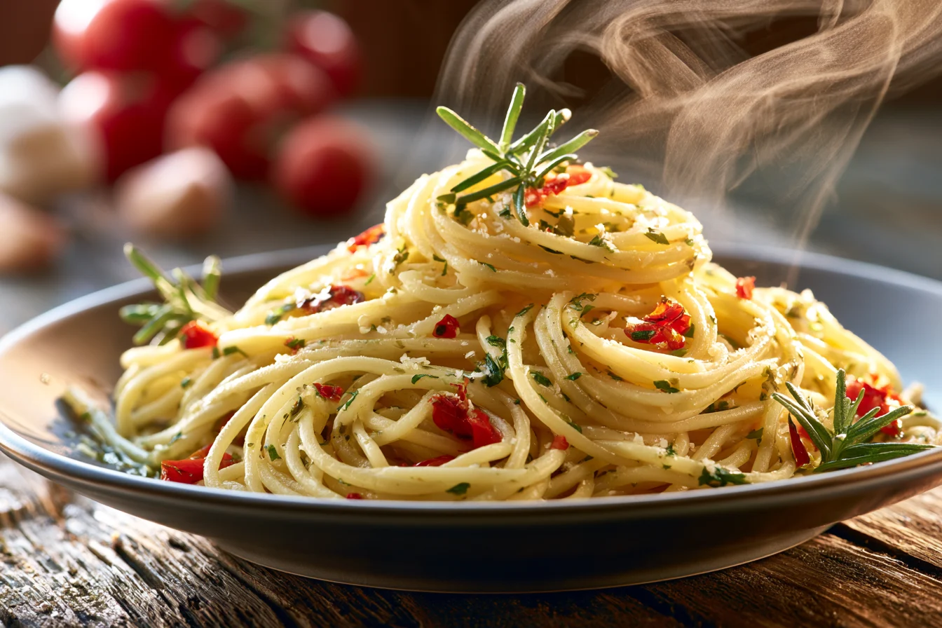 Spaghetti Aglio e Olio 2 Spaghetti Aglio e Olio with golden garlic and chili flakes