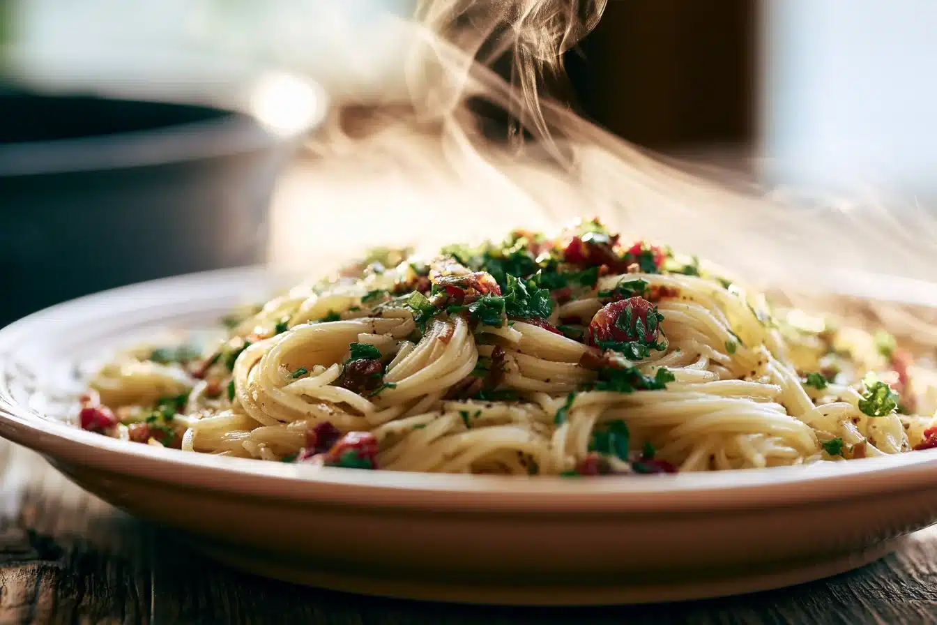 Spaghetti Aglio e Olio 3 Garlic and chili flakes sizzling in olive oil for Spaghetti Aglio e Olio