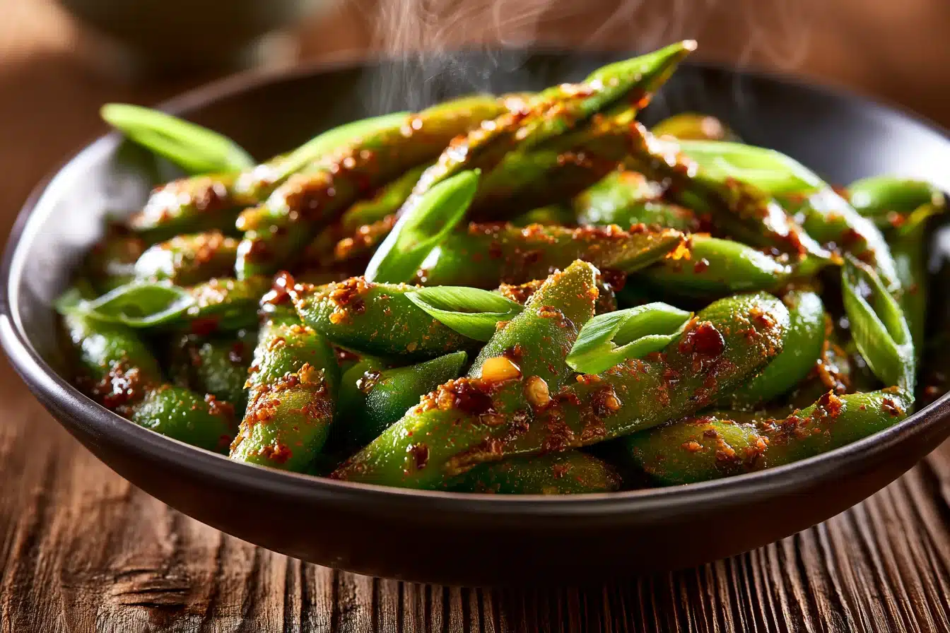 Spicy Sriracha Edamame 2 Spicy Sriracha Edamame in a bowl with chopsticks