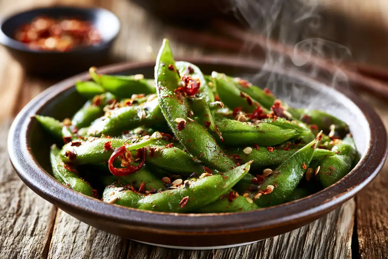 Spicy Sriracha Edamame 3 Close-up of Spicy Sriracha Edamame with sauce drizzling