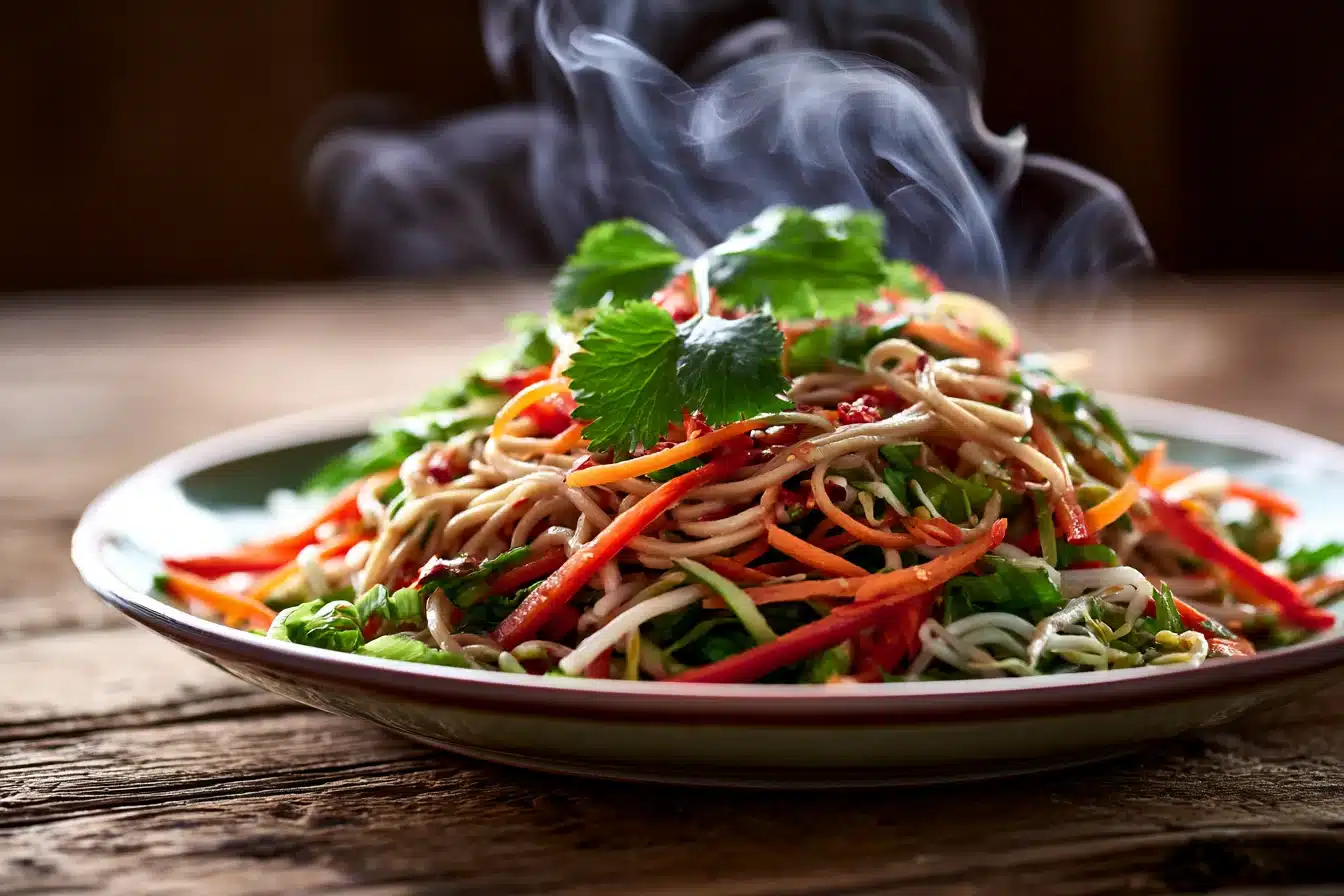 Spicy Thai Peanut Noodle Salad 2 Spicy Thai Peanut Noodle Salad with colorful vegetables and peanut sauce drizzle