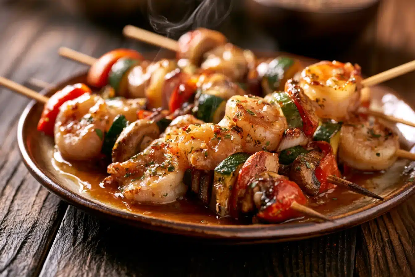 Garlic Butter Shrimp and Vegetable Skewers 3 Garlic Butter Shrimp and Vegetable Skewers on the grill