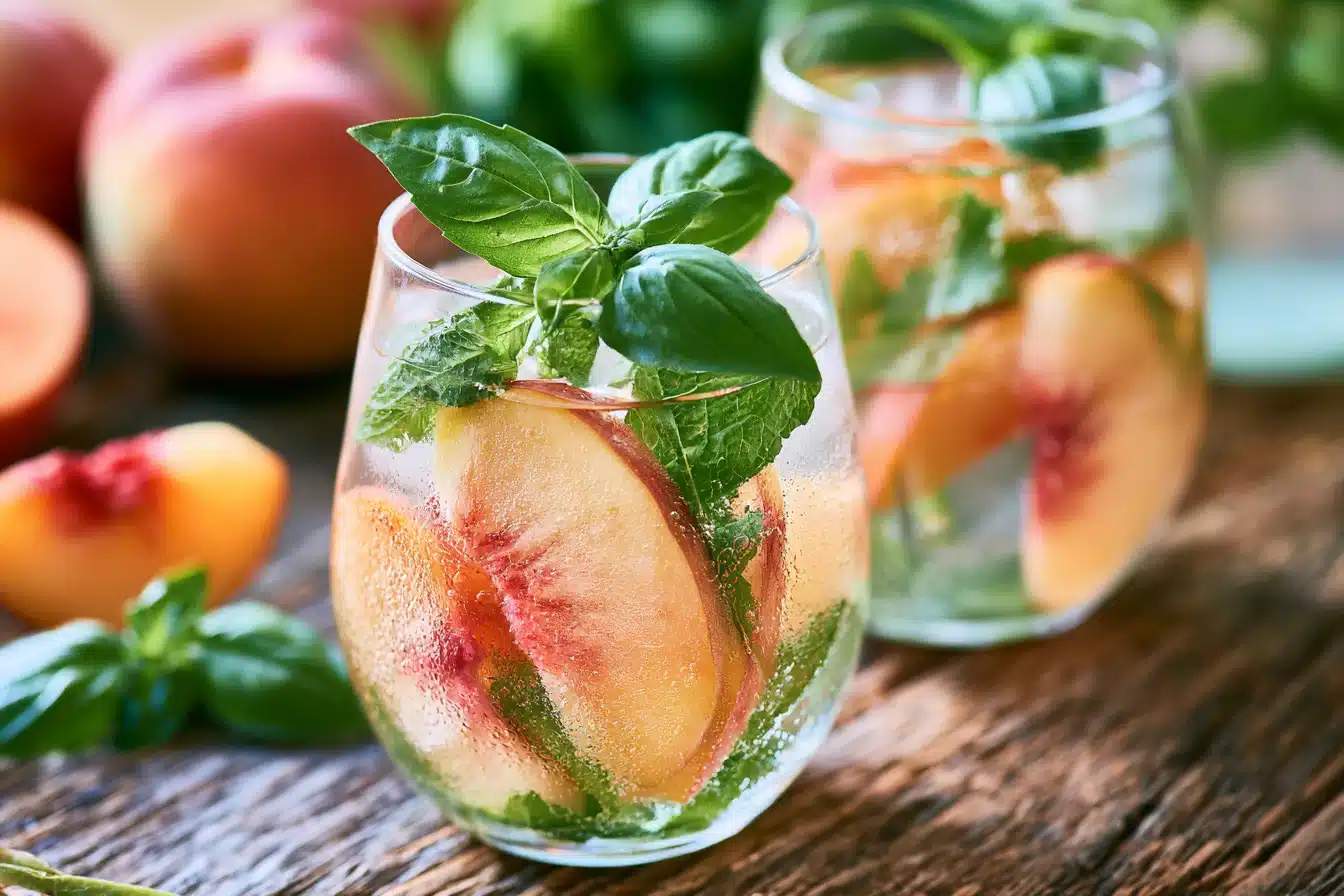 Peach and Basil Infused Water 2 Peach and Basil Infused Water in a clear pitcher with fresh ingredients