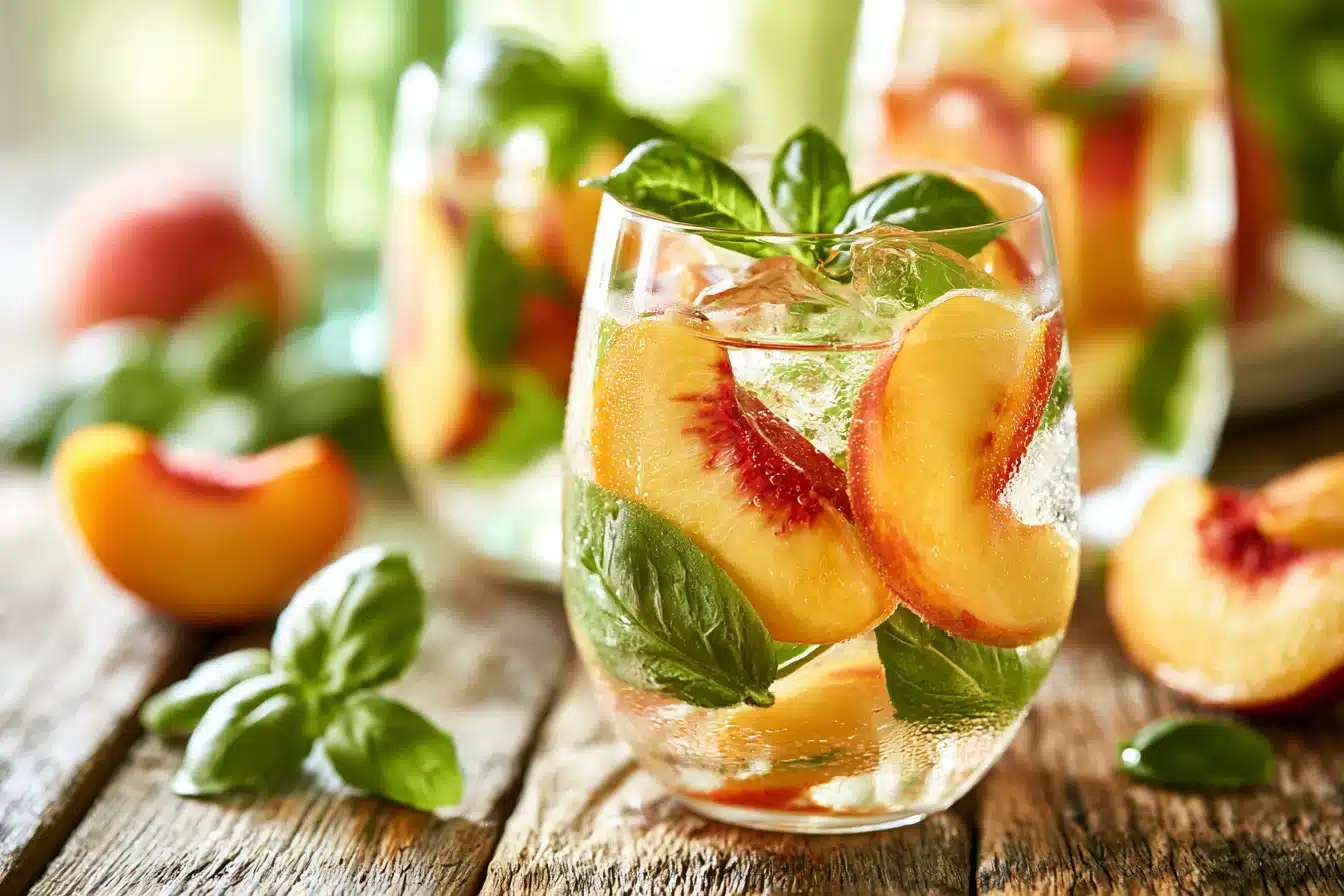 Peach and Basil Infused Water 3 Adding peaches and basil to a pitcher of water